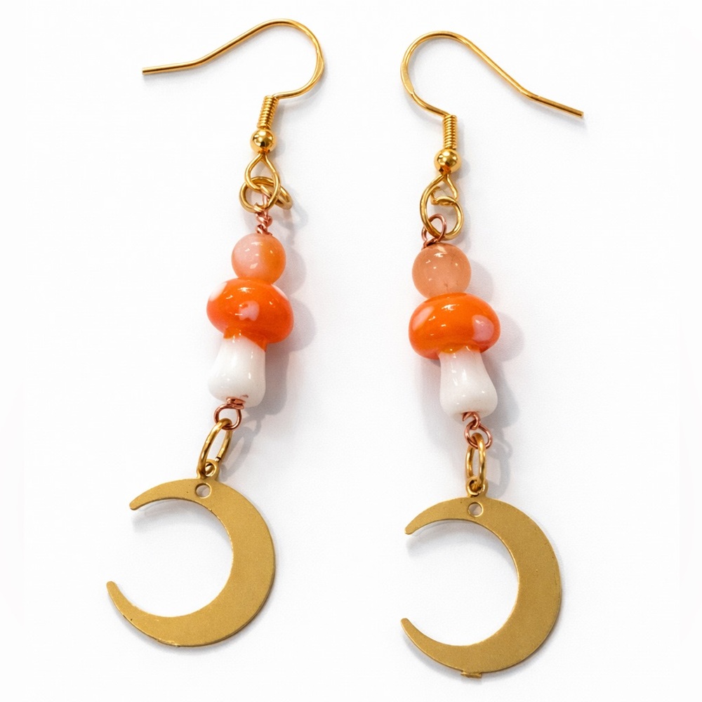 Handmade Mushroom Sun Dangle Earrings Orange White Gold Tone Boho